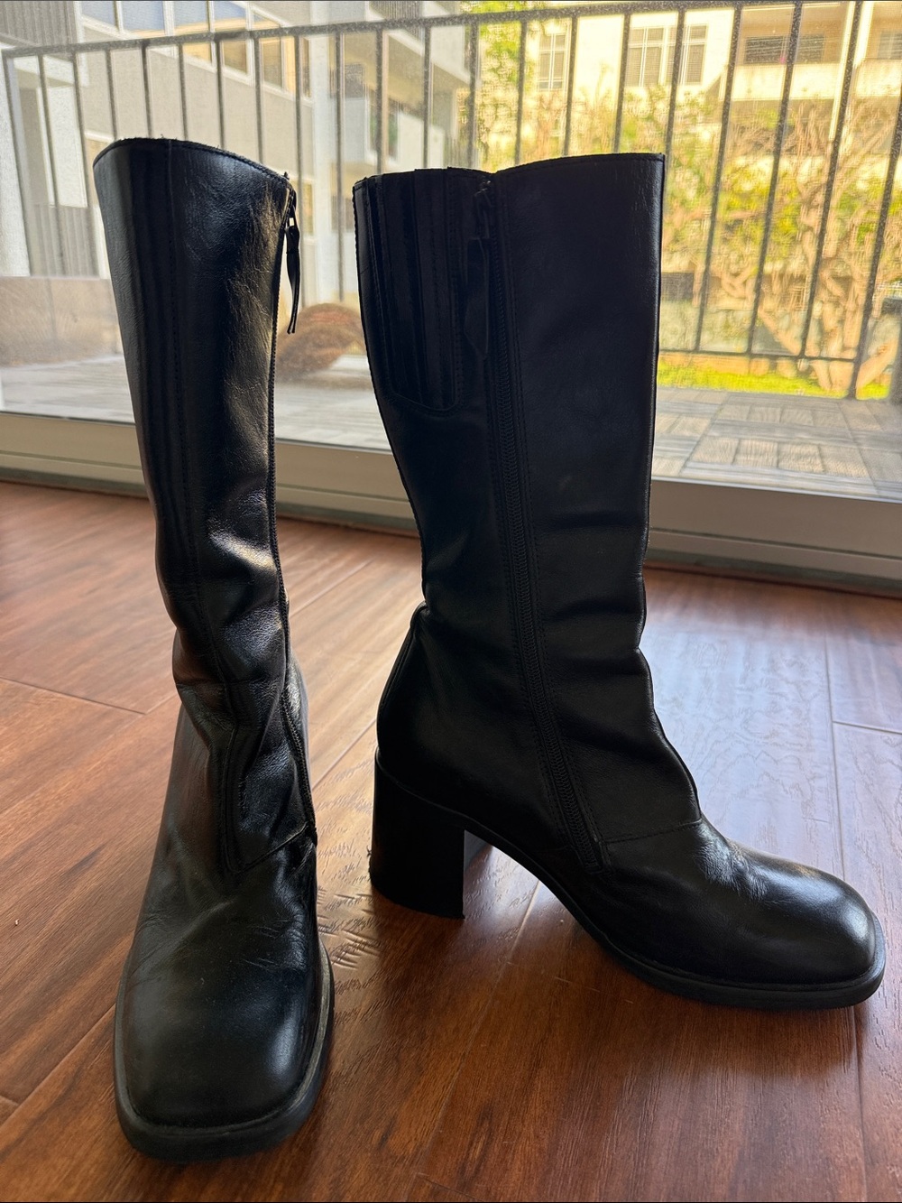 Vibram Black Leather Mid-Calf Block Heel Boots